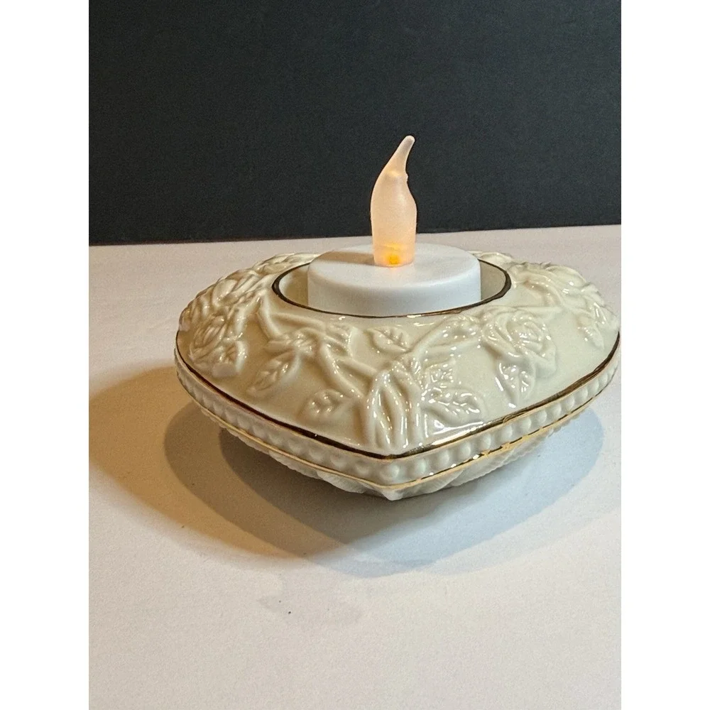 Lenox Heart Votive Tea Light Candle Holder Ivory Gold Trim Roses Floral 4
